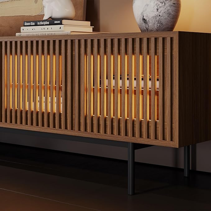 POVISON Fully Assembled Mid-Century Modern TV Stand with Slatted Doors, 118.11" Wood Media Console with LED Lights, TV Console with Tall-cast Metal Legs, Entertainment Center with Storage