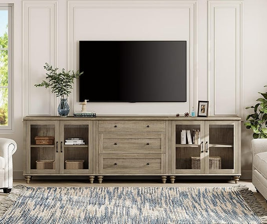 WAMPAT TV Stand for 100 Inch TV, 3-in-1 TV Console Table for 75/80/85/90 Inch TV, Entertainment Center with Glass Door & Drawer, Kitchen Sideboard Buffet Cabinet for Dining Room, Grey Wash