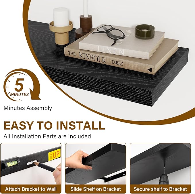 Fun Memories 40 Inch Floating Shelves Set of 2, 8 Inch Deep Wall Shelf, Rustic Wood Storage Shelves for Bedroom, Kitchen, Bathroom, Wall-Mounted Shelf with Invisible Brackets for Books|Storage Black