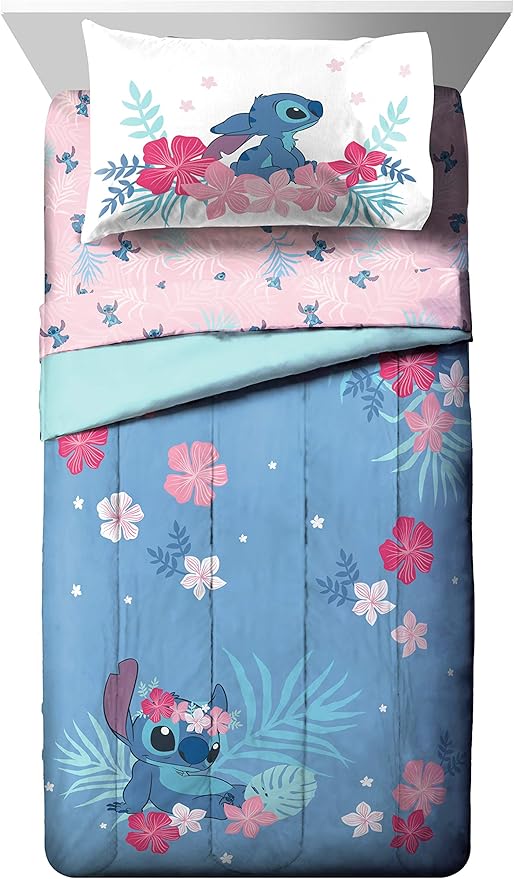 Jay Franco Disney Lilo & Stitch Paradise Dream 7 Piece Queen Bed Set - Includes Reversible Comforter & Sheet Set Bedding - Super Soft Fade Resistant Microfiber (Official Disney Product)