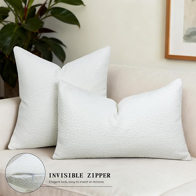 Textured Boucle Pillow Covers 18x18 Inch Set of 2, Striped Solid Pillowcases Cozy Soft Modern Accent Boho Square Decorative Throw Pillows for Couch Sofa Bed Living Room Home Decor, White