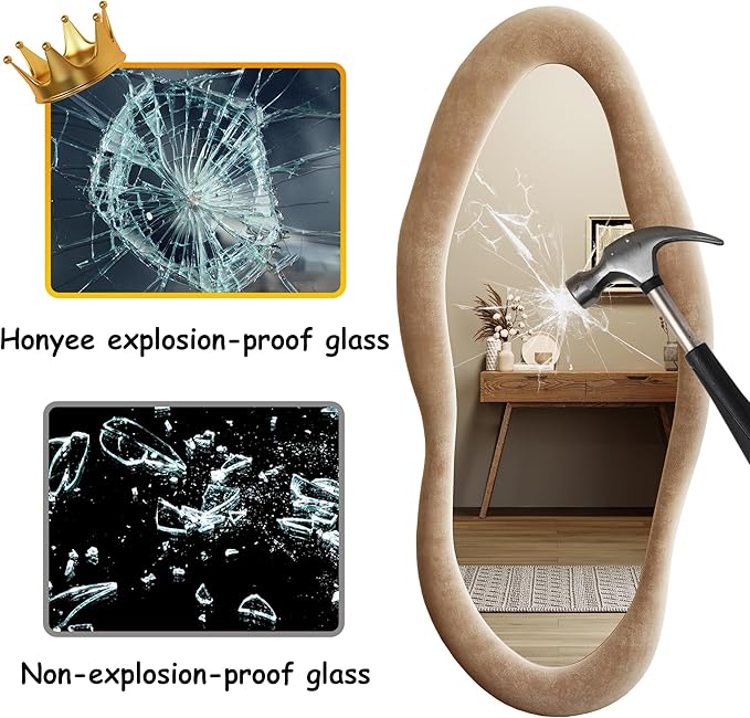 Honyee 55" x 24" Wall Mirror, Flannel Wrapped Wooden Frame Wavy Mirror, Irregular Mirror Hanging for Cloakroom/Bedroom/Living Room, Milk Tea
