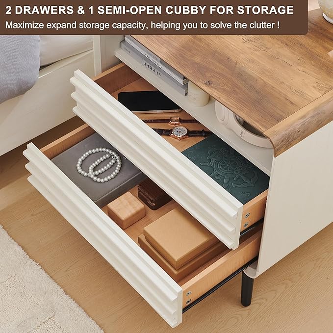 RedLemon 24" Nightstand with Charger Station, Mid Century Modern Fluted End Table with 2 Drawers, Wooden Side Table with Open Cubby Storage for Living Room, Bedroom, Office (Antuique White)