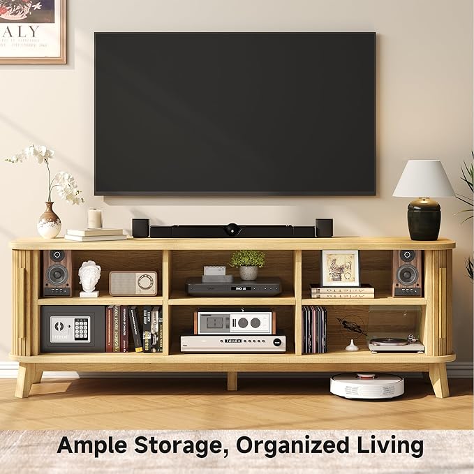 66" TV Stand for 80 Inch TV, Modern Entertainment Center with Storage Cabinet and Adjustable Shelves, Mid-Century Wood Curved TV Media Console with Sliding Doors for Living Room, Bedroom, Natural Oak