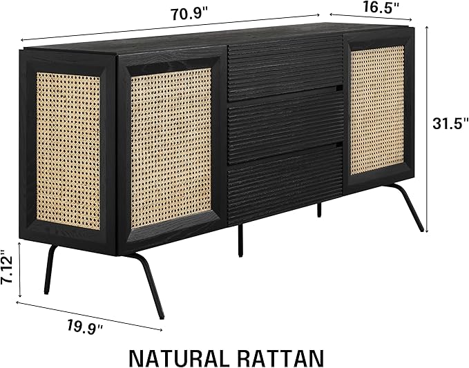 NTC MOSSIC Large Sideboard with 2 Doors and 3 Drawers, Buffet Cabinet with Natural Rattan and Metal Legs, Modern Storage Cabinet for Living Room, and Hallway, Effortless Assembly - Burnt Black