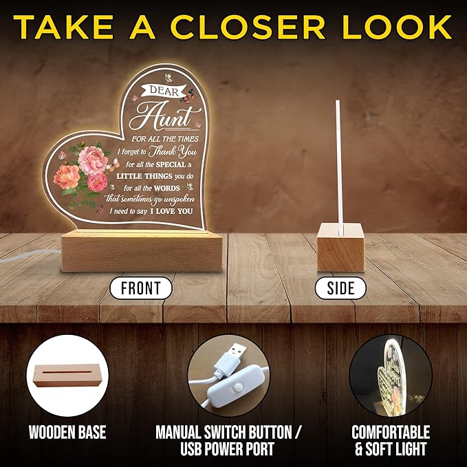 Aunt Gifts Acrylic Night Light - Gifts for Aunt & Niece & Nephew, Birthday, Christmas, Mother's Day