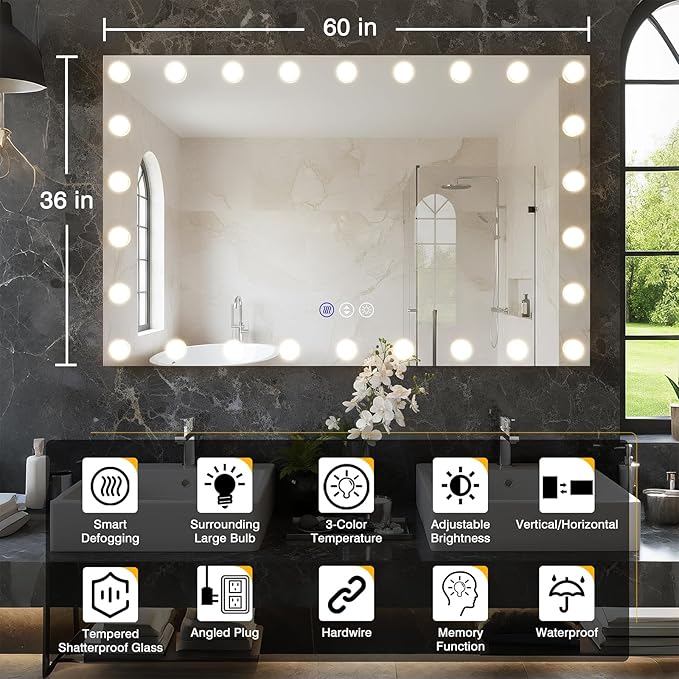 60x36 Hollywood Lit Bathroom Mirror with LED Bulbs, Colors Changeable & Brightness Dimmable, Anti Steam, Memory Function, ETL Listed, Tempered Glass, Wall Mountable, Horizontal/Vertical