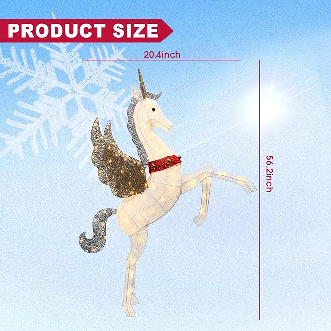 4.7ft Light Up Unicorn Christmas Decorations for Outdoor Indoor, 140 LED Lighted Yard Decoration with Waterproof Safe Material for Garden, Lawn, Party, Holiday, Ground Stakes Zip Ties, Plug and Play