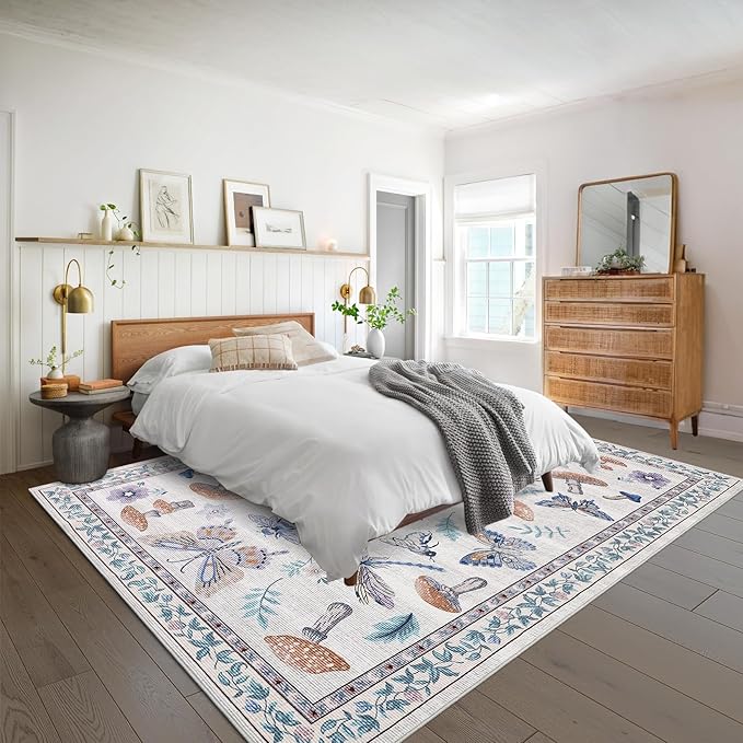 Washable Rug 9x12 Area Rugs for Living Room, Mushroom Insect for Bedroom, 9x12 Rug Non Slip Carpet with Rubber Back, Low Pile Stain Resistant Modern Carpet for Dining Room Dorm, Beige