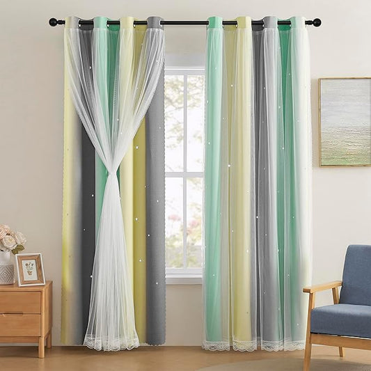 XiDi Yellow & Rainbow Curtains for Kids & Girls Room - Blackout, Grey & Green 52x84 Inch Long 1 Panel with Unicorn Wall Decals