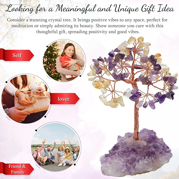 "Amethyst & Citrine Crystal Tree with Cluster Base Tree of Life Decor for Shelf, Bedroom, Birthday Gifts for Women, Sister Gift, Birthday Gifts for Mom, Cute Home Office Decor Housewarming present"