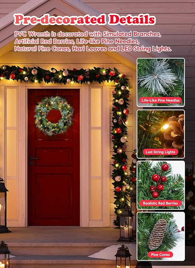 24 Inch Prelit Christmas Wreath for Front Door, Battery Operated LED Light Christmas Wreath with Pine Cones, Red Berry Clusters, Branches and Leaves, Lighted Wreath Wall Windows Decoration