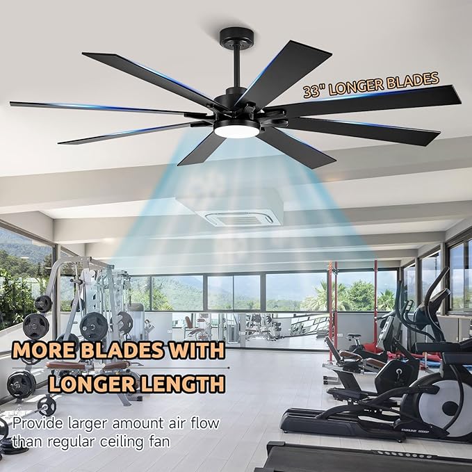 72 Inch Ceiling Fan with Lights, Large Outdoor Ceiling Fans with Light, Black Industrial Ceiling Fan 8 Blades For Great Room, Large Living Room Patio Farmhouse Damp Rated, Quiet Reversible DC Motor