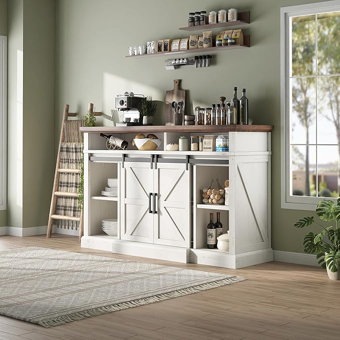 AMERLIFE 66" W Farmhouse TV Stand, Wood 40" H Tall Entertainment Center with Sliding Barn Door & Large Storage Shelves, Rustic Media Console for TVs up to 75", Distressed White