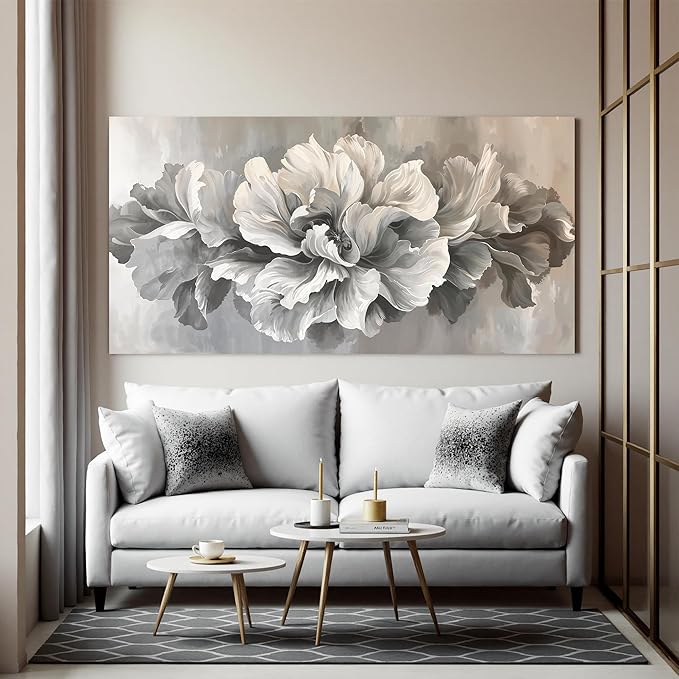Canvas Wall Art Decor Large White Flower Wall Art Decor For Living Room Decor Pictures Prints Modern Aesthetics Wall Art Gray Floral Art Wall Decor For Home Bedroom Office Room Wall Decor 24×48 Inch