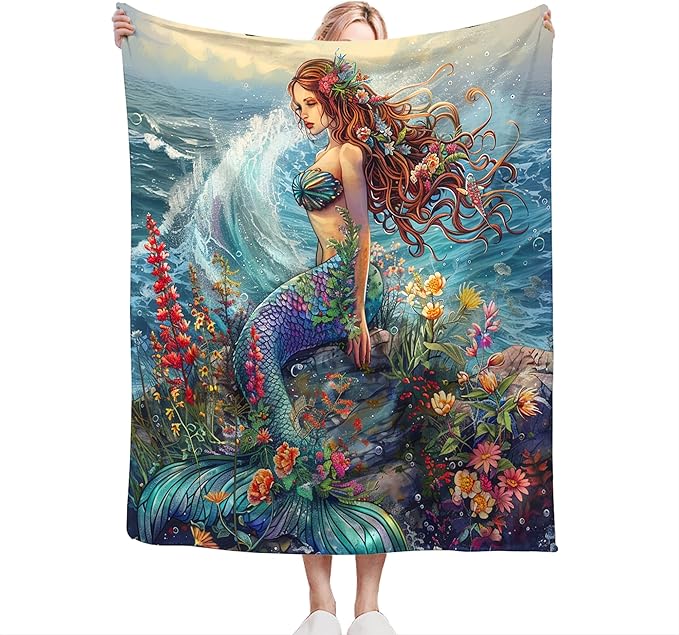 Mermaid Throw Blanket - Soft, Warm & Cozy Fleece for Couch, Sofa, Bed - 50"x40" - Ocean Theme