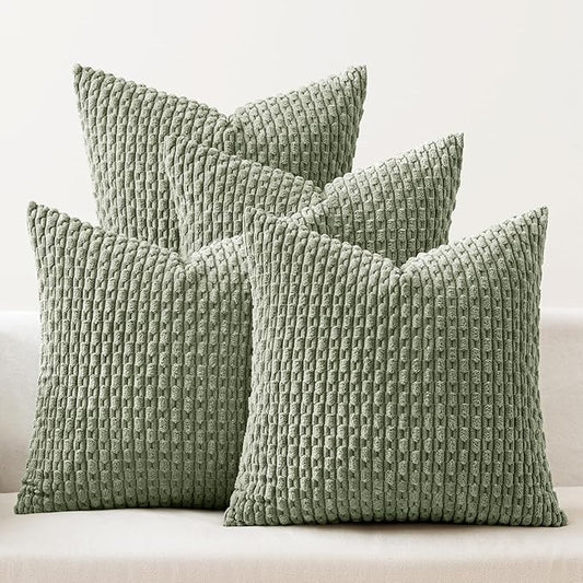 MIULEE Throw Pillow Covers Soft Couch Decorative Set of 4 Boho Striped Cushion Covers Corduroy Pillowcases Farmhouse Home Decor for Couch Bed Sofa Living Room 18x18 Inch Sage Green