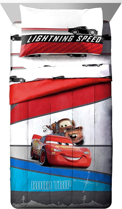 Jay Franco Disney Pixar Cars Racing Machine 5 Piece Twin Bed Set - Includes Comforter & Sheet Set - Bedding Features Lightning McQueen - Super Soft Fade Resistant Microfiber (Official Product)