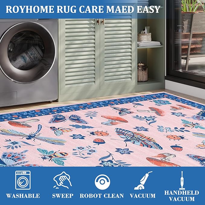 Mushroom Insect 8x10 Area Rugs, Washable Rugs for Living Room Non Slip Stain Resistant Low Pile Modern Butterfly Carpet for Bedroom Dining Room Nursery Playroom Office, Blue Pink