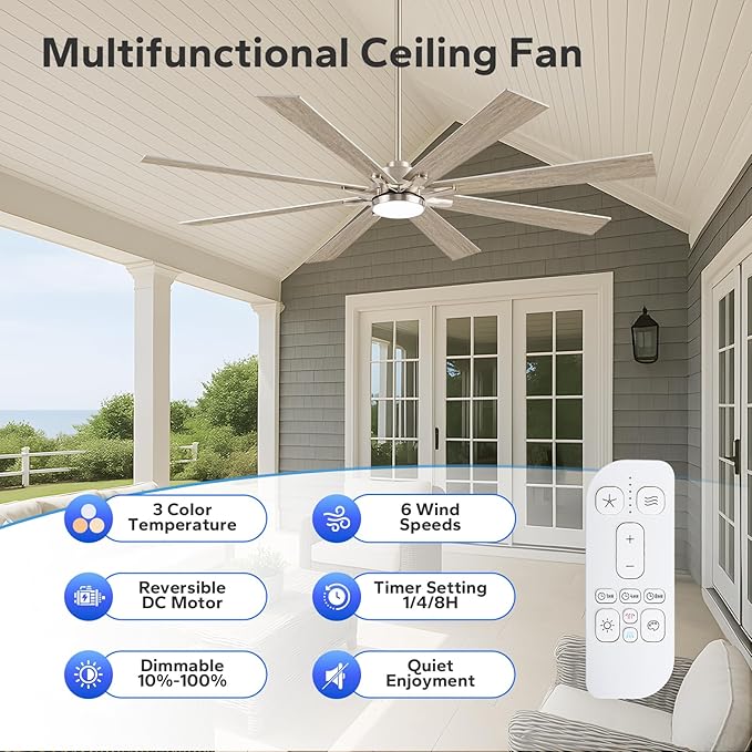 72" Outdoor Ceiling Fans for Patios with Light, Large Modern Industrial Ceiling Fan with Quiet Reversible DC Motor, High CFM Indoor Exterior Ceiling Fan for Garage Office Outside Shop, Nickel & Oak