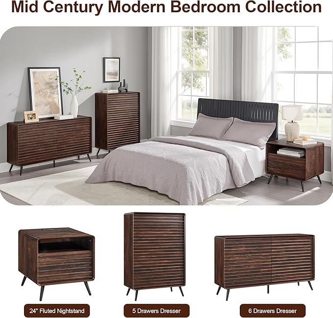 RedLemon 24" Nightstand with Charger Station, Mid Century Modern Fluted End Table with 2 Drawers, Wooden Side Table with Open Cubby Storage for Living Room, Bedroom, Office (Dark Walnut)