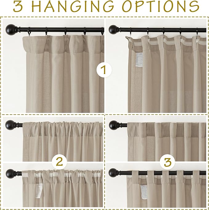 NICETOWN Thick Linen Curtains for Farmhouse 90 inches Long, Pinch Pleated Curtains Flax Linen Privacy with Light Filtering Window Treatments for Bedroom/Boys Room, Taupe, W50 x L90, 2 Panels