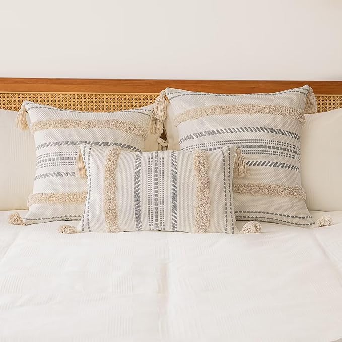 Boho Throw Pillow Covers 18x18 Set of 2 Woven Tufted Farmhouse Pillows Cover with Tassels Textured Striped Cushion Case Neutral Pillow Cases Decorative Pillowcase for Sofa, Couch, Bed, Khaki