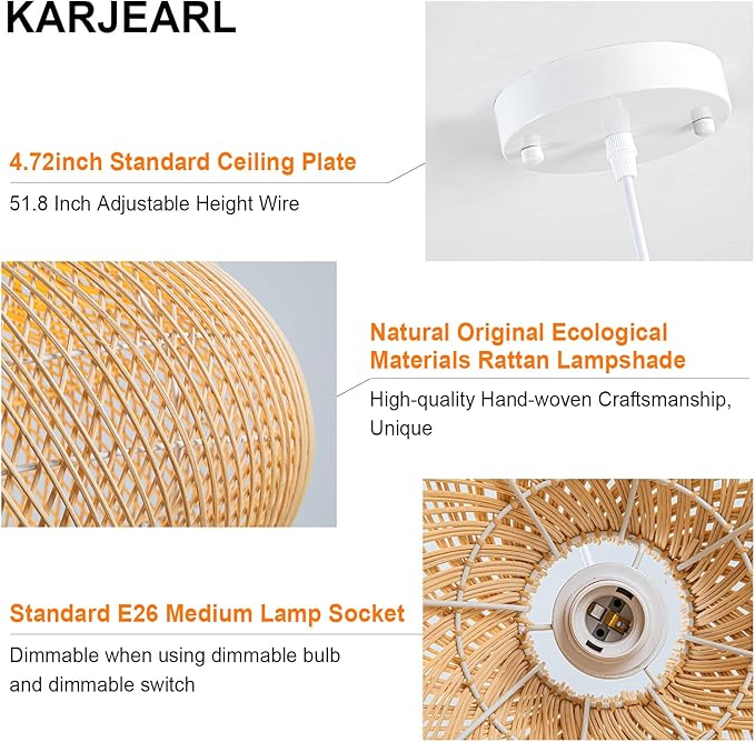 Rattan Pendant Lights, 16.5" Wicker Chandelier Hand-Woven Boho Pendant Light Rattan Basket Hanging Light for Dining Room Kitchen Island Living Room