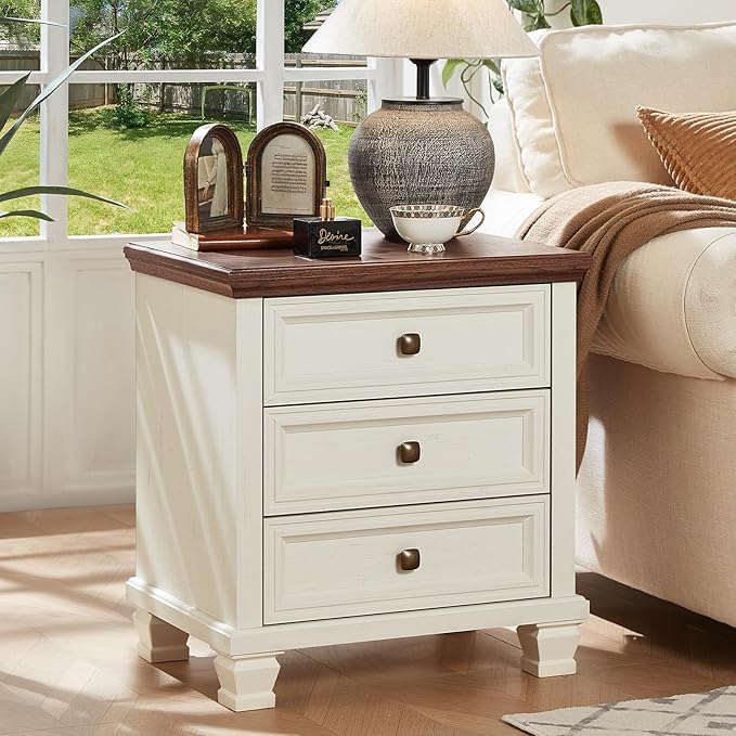 Farmhouse Nightstand with 3 Drawers, Rustic Couch End Table with 4 Square Solid Wood Legs, Mid-Century Modern Bed Side Table with Storage, Small Dresser for Bedroom, Living Room, White