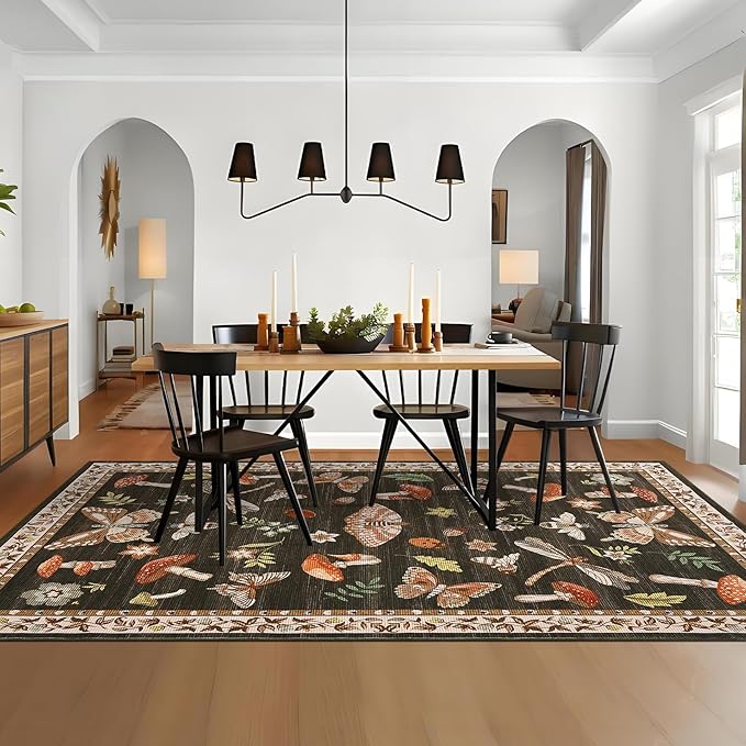 Mushroom 8x10 Rug for Living Room Non Slip Washable 8 X 10 Rug for Bedroom with Rubber Back Soft Low-Pile Stain Resistant Foldable Large Carpet for Office Nursery Dining Room Brown