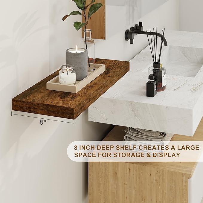 Fun Memories Floating Shelves 55 Inch Long, 8 Deep Floating Shelves for Wall, Large 55 x 8 Display Shelves for Living Room, Kitchen, Wood Deep Wall Shelves for Home Storage, Rustic Brown, 1 Pack