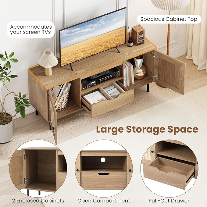 Giantex Boho TV Stand for 50-60 Inch TV, Wood Entertainment Center with Storage Cabinets, Drawer & PE Rattan Doors, Media Console Table for Living Room, Bedroom, Natural
