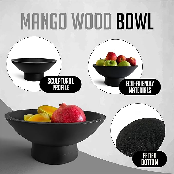 Black Pedestal Bowl - 12 Inch, Wide Black Footed bowl as Fruit, Key, Decorative, Candy Holder or Centerpiece, Wooden Bowl Decorative for Kitchen, Dining Table & Modern Home Accessories