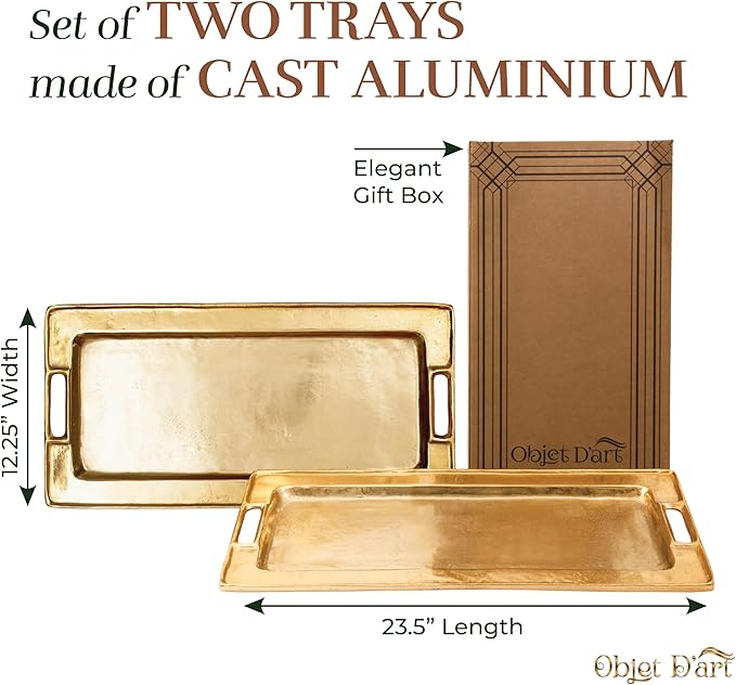 Decorative Gold Trays by Objet D’Art, Beaufort Rectangular Bar Tray for Living Room, Ottoman and Coffee Table, Set of 2 Trays for Candles, Liquor, and Centerpieces