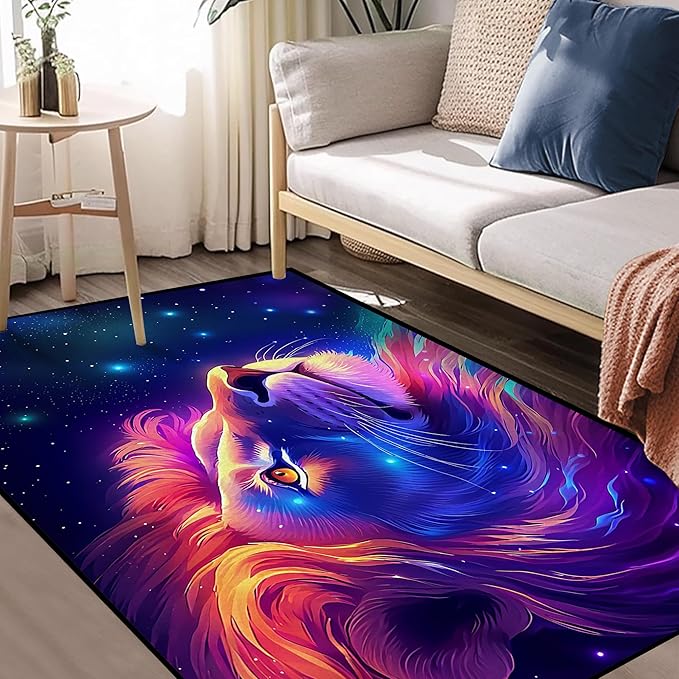 2'7" x 3'11" Galaxy Lion Rug 3D Fierce Lions Area Rugs for Kids Bedroom Living Room Playroom Gameroom Boys Glitter Carpet Throw Rugs Floor Mat 47 in X 31 in