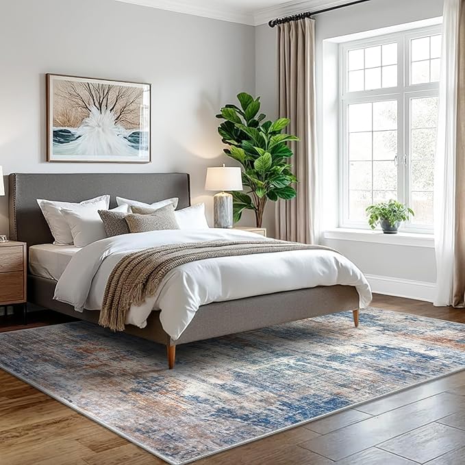 IOHOUZE Abstract Area Rugs 5x7 Ft Washable Rugs for Living Room, Non Slip Dining Room Rug, Printed Faux Wool Rugs for Bedroom, Floor Carpet for Office Nursery Playroom, Blue Rust