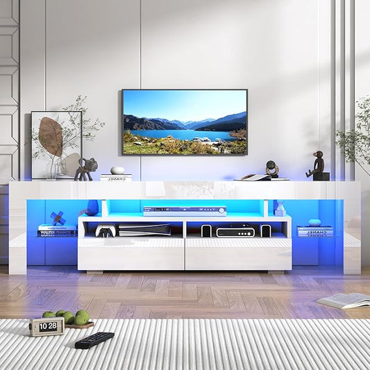 TV Stand with 16 Color LED Lights, Media Console with Drawer and Glass Open Shelf for 65/75/85 inch TV, Modern Gloss Entertainment Center for Living Room Bedroom, White