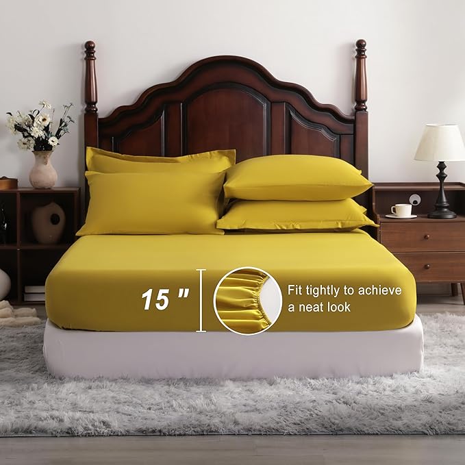 NTBAY King Comforter Set with Sheets, 7 Pieces Soft and Breathable King Bedding Set, Bed in a Bag, Down Alternative Comforter Set Solid Color All Season, King Bedding Set, Yellow
