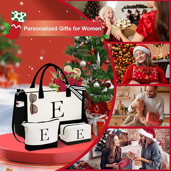 YOOLIFE Christmas Gifts for Women - Initial Canvas Tote Bag & Makeup Bag, Birthday Gifts for Women Mom Sister Friends