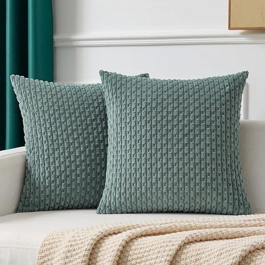 Kevin Textile Decorative Pillow Covers Set of 2 Striped Plush Corduroy Pillows Pillowcases Boho Home Decor Cushion Covers for Couch Sofa Bed Living Room 18x18 Inch, Teal Green