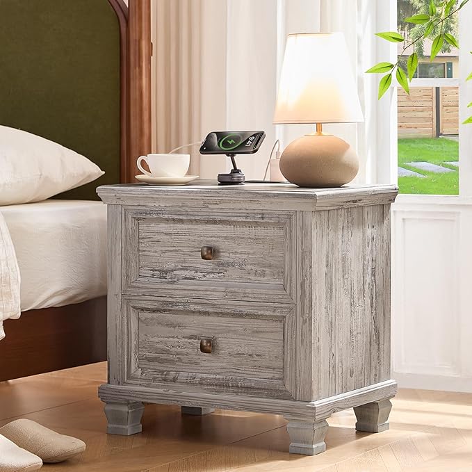 Farmhouse Nightstand with Charging Station, Rustic Low Night Stand with 2 Drawers, Mid-Century Modern End Table with 4 Square Solid Wood Legs, Small Vintage Dresser for Bedroom, Home, Grey