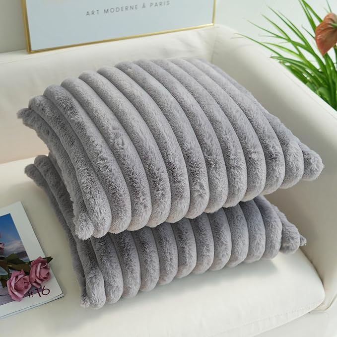 JOJUSIS Pack of 2 Faux Fur Plush Decorative Throw Pillow Covers Couch Cushion Case Soft Pillowcases (Grey, 22 x 22-Inch)