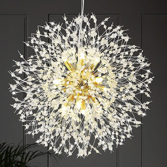 Qamra Modern Crystal Gold Chandeliers, Firework Dandelion Sputnik Chandelier Light Fixture Pendant Lighting for Dining Room, Bedroom, Kitchen, Living Room(12-Light, Gold)