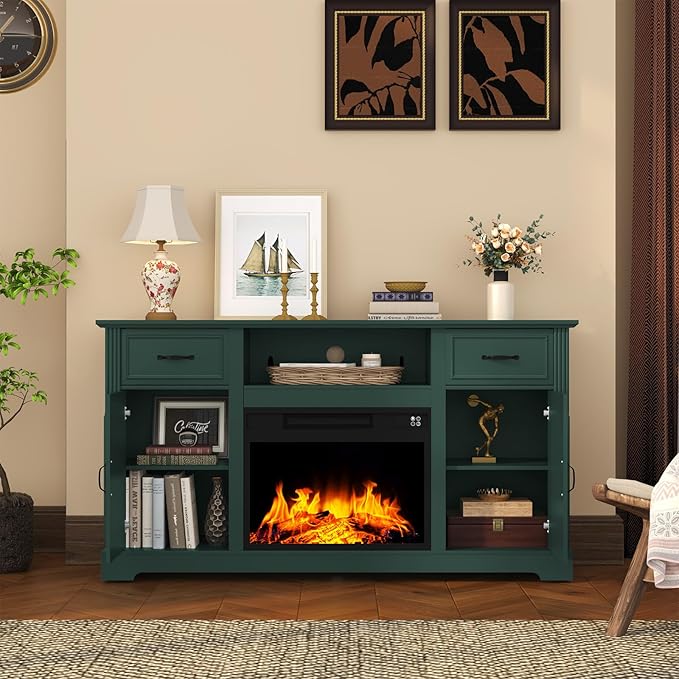 ARTPOWER Fireplace TV Stand for TV up to 65'', Consoles Cabinet with Adjustable Shelves, Modern Entertainment Center with Storage for Living Room, Green
