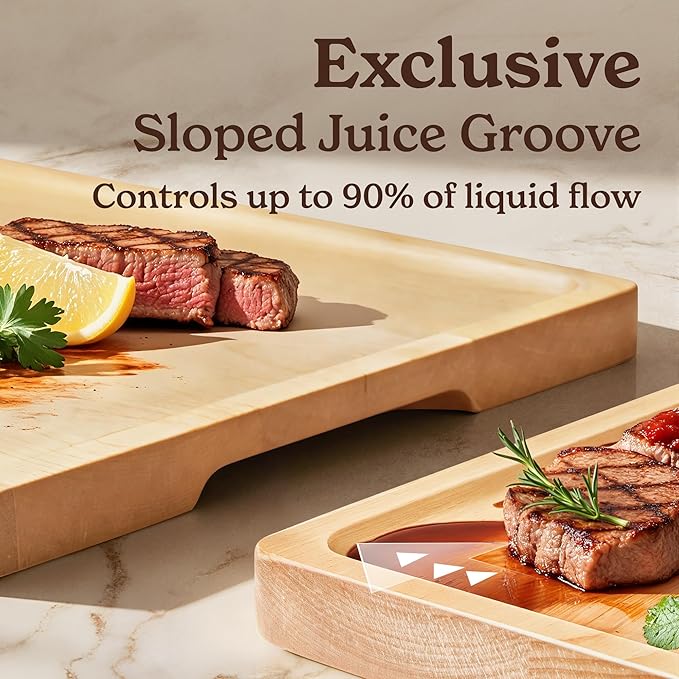 SMIRLY Wood Cutting Boards for Kitchen Wooden Chopping Board Set Reversible with Deep Juice Grooves Grip Handles, Large Charcuterie Tray for Home Kitchen, Natural Birch, 3Pcs with Holder