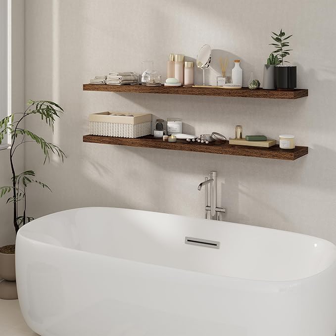 Fun Memories 55 Inch Floating Shelves for Wall 2 Pack Shelves for Bedroom|Kitchen|Bathroom Wall Mounted Rustic Wood Floating Shelf with Invisible Brackets for Books|Storage|Decor, Rustic Brown