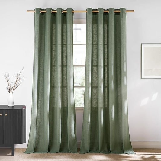 NICETOWN Forest Green Linen Curtains for Kitchen, Thick Flax Small Window Treatments Semi Sheer Privacy Assured with Light Through for Cafe/Bathroom, W55 x L84, 2 Panels