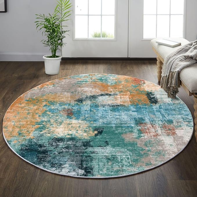 vivorug Round Rug 6ft Abstract Round Area Rug Non-Slip Indoor Carpet for Living Room Bedroom Entryway, Stain Resistant Home Decor Circle Rug, Rosy Clouds