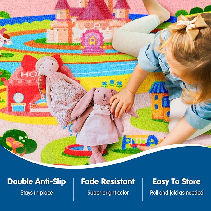 Booooom Jackson Enchanting Kids Pink Castle Rug with Cartoon Park-Flower,Shoes,Clothes,House Design-Perfect for Imaginative Play-Cozy Princess Rug-Ideal for Playrooms and Bedrooms