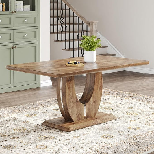 JUFU 63" Modern Dining Table for 6, Rectangular Wood Grain MDF Tabletop, U-Shaped Pedestal Base, Easy Assembly Kitchen & Dining Room Table, Rustic Oak Finish